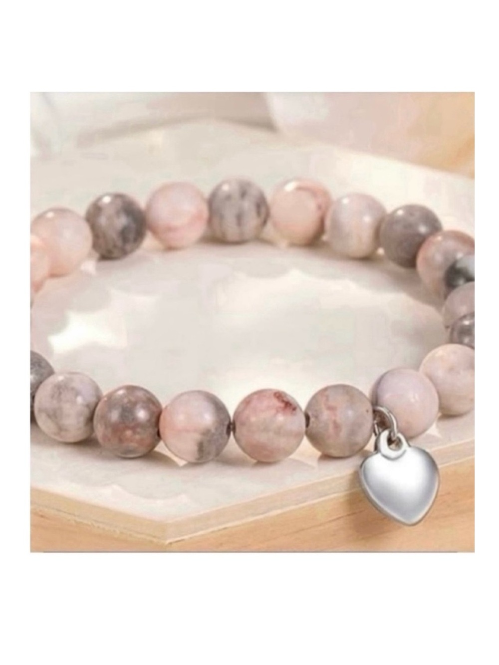 🆕-Beautiful Pink Zebra Natural Stone Bracelet with Heart Charm